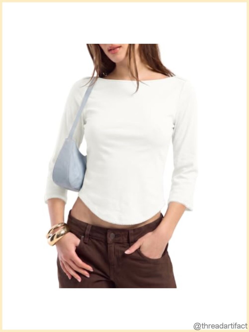 Women Y2K Picot Trim Curve Hem 3/4 Sleeve Crop Top Retro Boat Neck Slim Fit